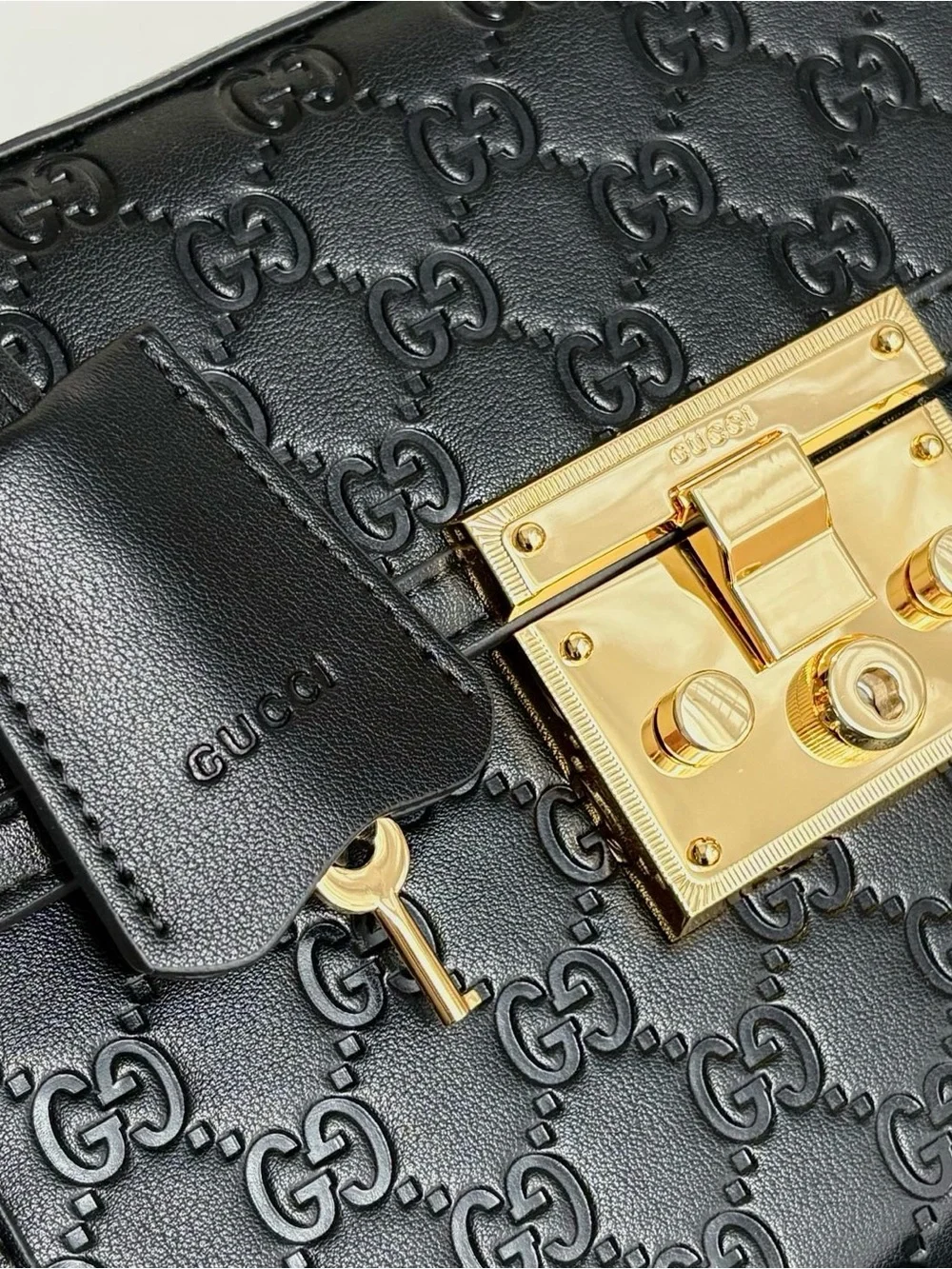 Gucci Black Embossed Leather Top Handle Satchel with Gold Hardware